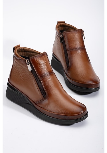 Hakiki Deri Ortopedik Kadın Bot Taba 2 Fermuarlı Dolgu Tabanlı-3296 Taba