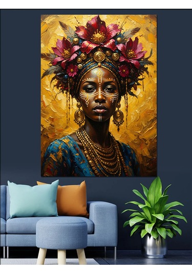 Ahşap Tablo Çiçek Taçlı Afrikalı Kadın