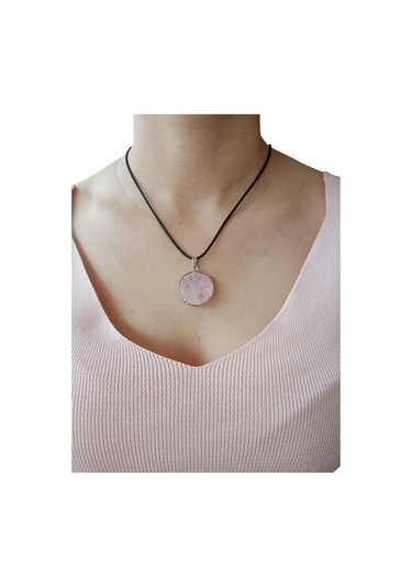 Pembe Kuvars Doğal Taşlı Çelik Kolye - Kadın Pembe