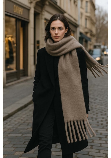 Kadın Püskül Detay Atkı Omuz Şalı 40x200 Cm 1295 Vizon Vizon