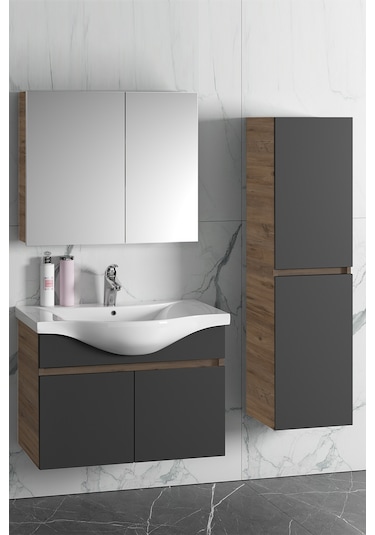 Yıldız 80+35 Cm Atlantik Çam-Antrasit Gri Mat Mdf Seramik Lavabol Antrasit - Atlantik Çam