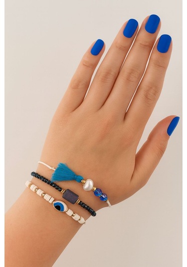 3lü Püsküllü İncili Nazar Boncuklu Asansörlü Bileklik. Lastikli Boncuklu Bileklik. Kadın İp Bileklik Çok Renkli