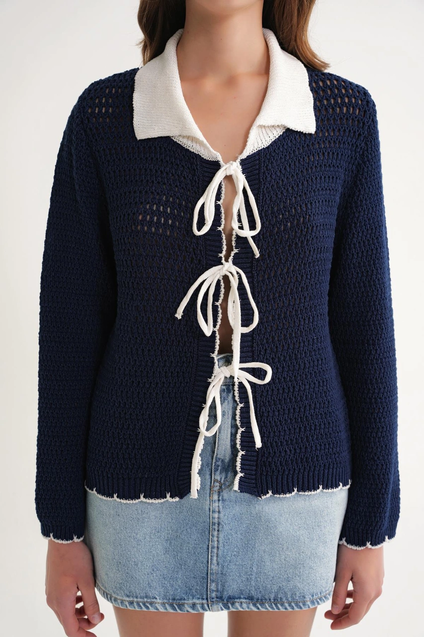 6945 Kadın Ajurlu Bağlamalı Triko Hırka Lacivert Lacivert