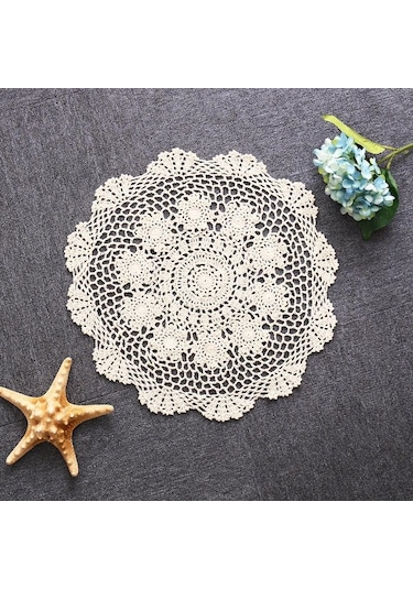 Bej Yuvarlak Masa Örtüsü Bardak Altlığı Peçete Masa Örtüsü Tığ Işi Dantel Pamuk Kapak Mat Ziyafet Düğün Dekorasyon 40cm Bej