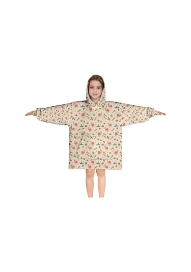 Noel Temalı 6-13 Yaş Çocuk Giyilebilir Battaniye Hoodie, Kalın Peluş, Büyük Boy-a135 Krem - Pembe