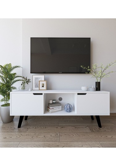 Siena Ahşap Ayaklı Tv Ünitesi Beyaz Televizyon Konsolu 140 Cm Ekonomik Modül Sehpa