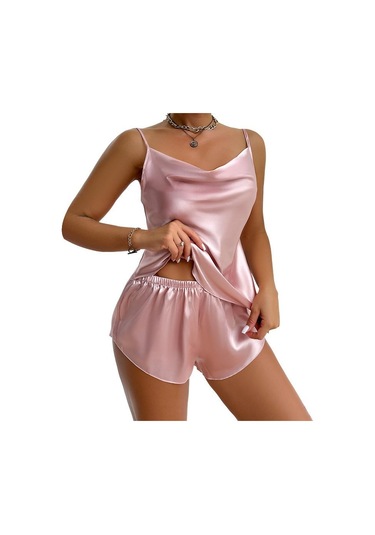 Buz İpek Atlet Pijama Kadın Moda Anlayışı İki Parça Ev Giyim İnce Ev Askılı Şort Takımı Pembe