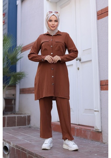 Cep Detaylı Tesettür Kahverengi Takım Kahverengi