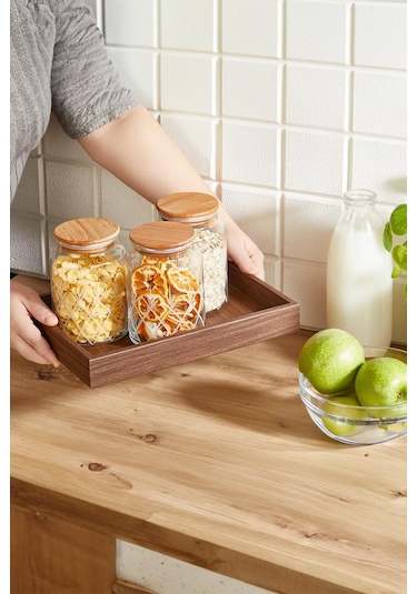 Selka Home - 3'lü Kesme Detaylı Ahşap Kapak Kavanoz 890 Ml