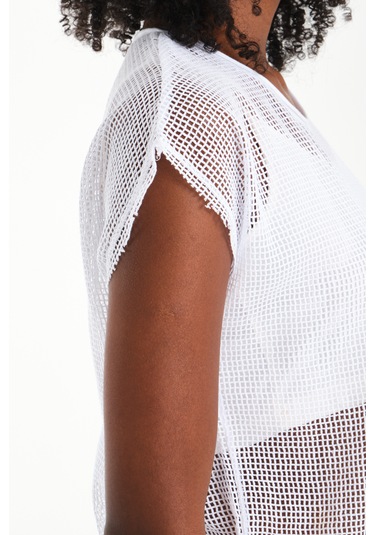 Uzun Kol Kare File Bluz Beyaz