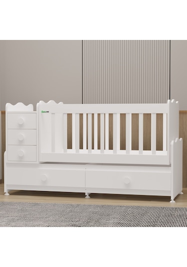 Garaj Home Melina 5 Çekmeceli Büyüyen Mdf Çıtalı Beşik - Beyaz Beyaz