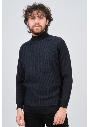 Çizgi Triko Erkek Yarım Balıkçı Yaka Desenli Kazak 42564229 Açık Açık Lacivert