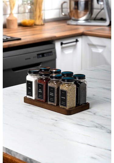 Mienda Home 8'li Ahşap Standlı Cam Baharatlık Seti Siyah Kapaklı Etiketli Baharatlık Mh01syh08 Siyah - Şeffaf