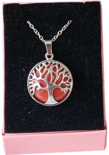 Mercan Doğal Taşlı Hayat Ağacı Çelik Kolye - Kadın Kırmızı