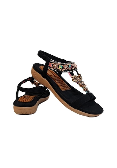 Voyager 9639 Siyah Taban Masajlı Taş İşlemeli Bayan Sandalet Siyah