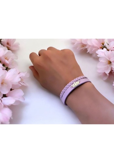 Archin Hande İsmine Özel Doğal Mor Derili Taç Figürlü 14 Ayar Altın Plakalı Hediye Bileklik-637isim Hande