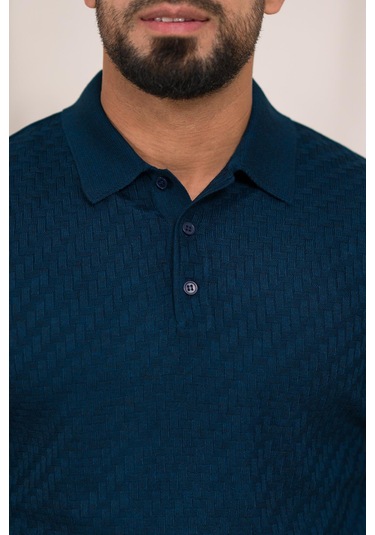 Woolen World Polo Yaka Slimfit Desenli Yünlü Erkek Triko Kazak İndigo