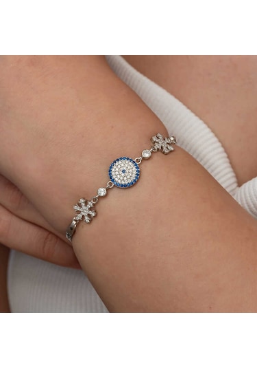 Gümüş Nazarlı Kar Tanesi Kadın Bileklik Gümüş