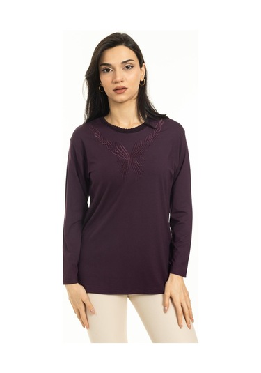 Yeni Sezon Kadın Orta Yaş ve Üzeri Yeni Desen Triko Yaka Likralı Anne Penye Bluz 30520-mürdüm Mürdüm