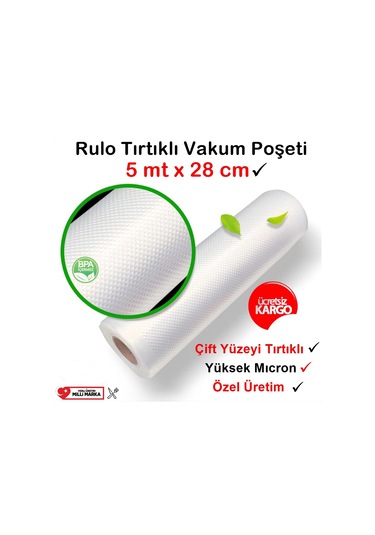 Tırtıklı Rulo Vakum Torbası-Poşeti 28Cm X 5Mt-Çift Yüzey Tırtıklı