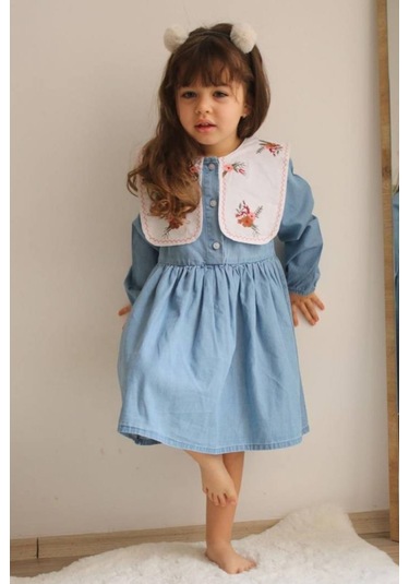 Kız Çocuk Çiçek İşlemeli Kot Elbise 001