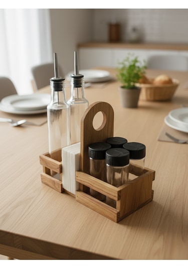 Ahşap Doğal Baharatlık Yağdanlık Ve Peçetelik Takımı Uzun Başlık Set Kiraz 1 Set Ahşap
