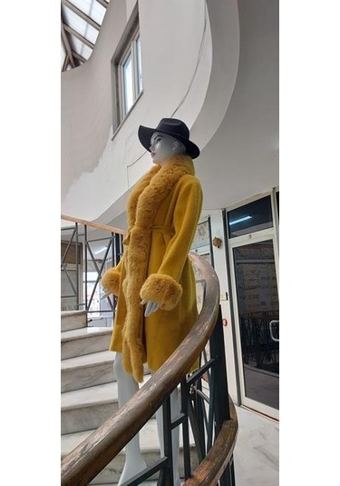 Pula Yakası Kolları Komple Kürklü Uzun Angora Kaban 110 Cm Sarı