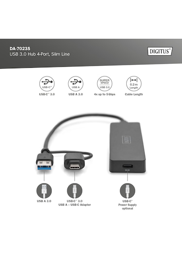 Usb 3.0 Hub, 4 Port, Slimline Usb-c Adaptörlü, 5gbps, 0,2 M Ka...