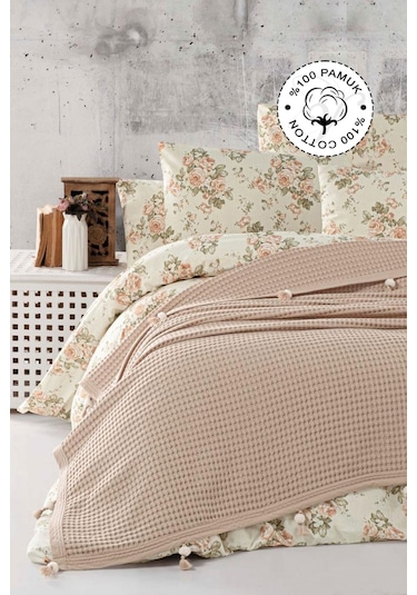 Vionel Home Pamuklu Waffle Desen Ponponlu Çift Kişilik Pike Kahverengi