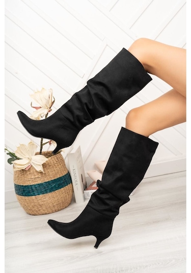 Sr-2001 Siyah Süet Körüklü İnce Topuklu Günlük Bayan Çizme Resimdeki Renk