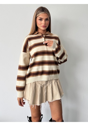 Kadın Polo Yaka Çizgili Triko Kazak Bej