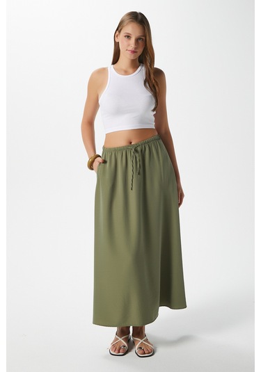 Kadın Trend Modal Serin Kumaş Haki Bel Lastikli Cepli Rahat Kalıp Uzun Etek