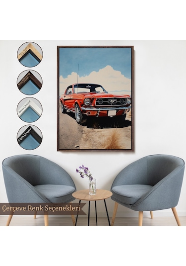 Ahşap Çerçeveli Kırmızı Mustang Tablo-7971