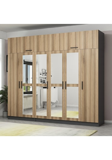 Minar Kale 6 Kapaklı 4 Aynalı 2 Ç Dolap Ve Yüklük Antrasit Dore 235cm