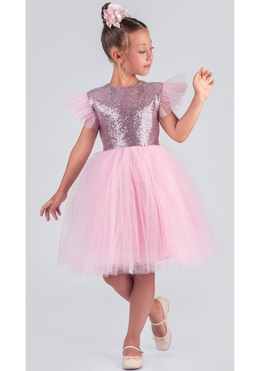 Tüllü Kız Çocuk Kpl Elbise Mnk0526 Koyu Pembe