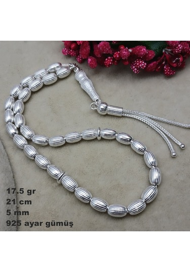 925 Ayar Gümüş Tesbih Arpa Kesim Çizgili Model Küçük Boy