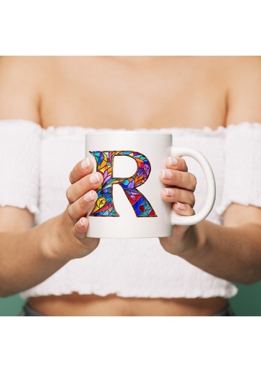 R Harfi Bardak 330 Ml İsme/harfe Özel Hediye, Renkli Harf Tasarım Beyaz