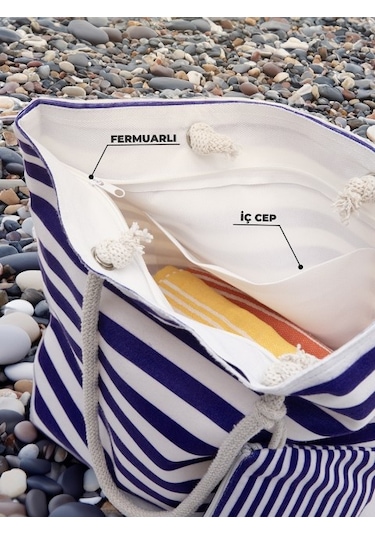 Favora Cüzdan Hediyeli Kadın Plaj Çantası - Lacivert