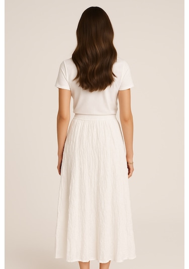 Ekru Mizalle Kırışık Görünümlü Saf Pamuk Beyaz Maksi Etek Beyaz