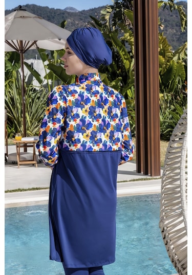 Mayom Tam Kapalı Crop Model Çiçek Desenli Tesettür Mayo-2523 Lacivert-desenli