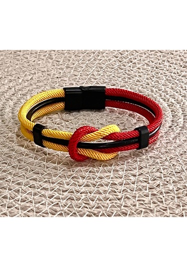 Sarı Kırmızı Taraftar Temalı Deri&makreme Düğüm Model Bileklik Net 21cm Kırmızı - Sarı