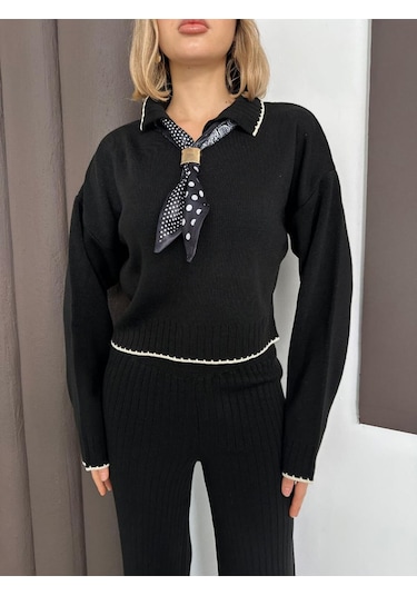 Newco Polo Yaka Fularlı Oversize Triko Takım Kazak Siyah