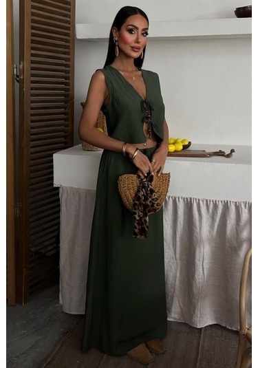 Yelek Önden Bağlamalı Uzun Etekli Takım 10192 Haki