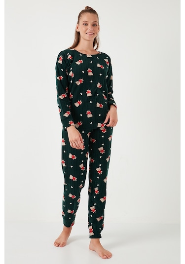 Lela Standart Fit Bisiklet Yaka Bayan Pijama Takımı 6093735 Yeşil