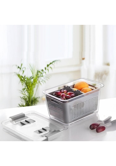 Vinoa 2,5 Litre Süzgeçli Buzdolabı Düzenleyici Organizer + Saklama Kabı Gri