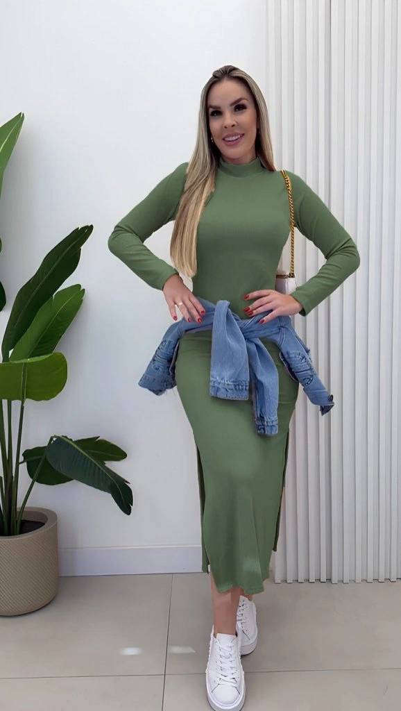 Kadın Uzun Kollu Balıkçı Yakalı Yanlardan Yırtmaçlı Kaşkorse Maxi Elbise Yeşil