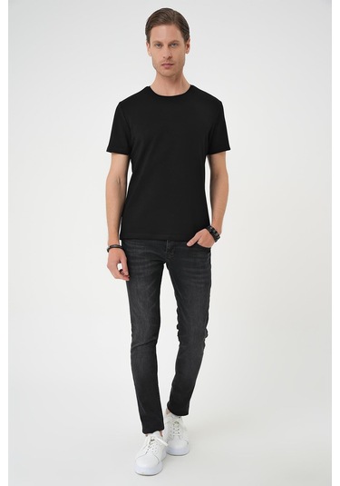 Comfort Fit Bisiklet Yaka Esnek Pamuk Casual Siyah Tişört Ts 885 Siyah