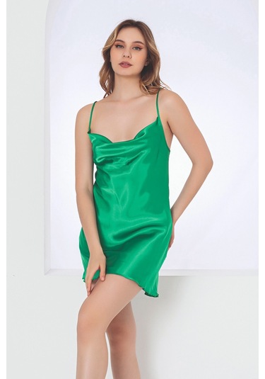 Nbb Kadın Çimen Yeşili Sırt Dekolteli Saten Tek Gecelik Çimen Yeşili