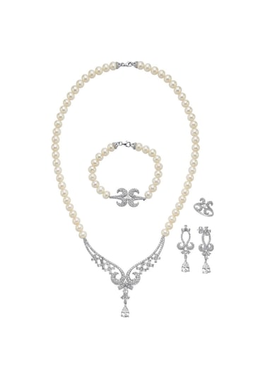 8,5 Mm Koç Başı Zirkon Taşlı İnci Kolye Bileklik Küpe Yüzük Dörtlü Set 10 / Rose Gümüş