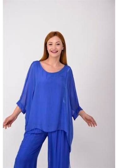 İtalyan Yarasa Kol İpek Bluz-8869 Saks Mavi